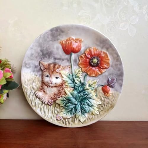 Minigift Ceramic Collections Plate, 3D Hand Painted Cat and Flower Decorative Tray with Display Stand -8