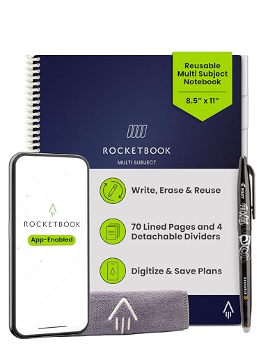 Image of Rocketbook Multi-Subject Reusable Smart Notebook, Letter 8.5x11, Dark Blue | 70 Lined Pages, 4 Adjustable Dividers for Organize Classes, Projects and Notes
