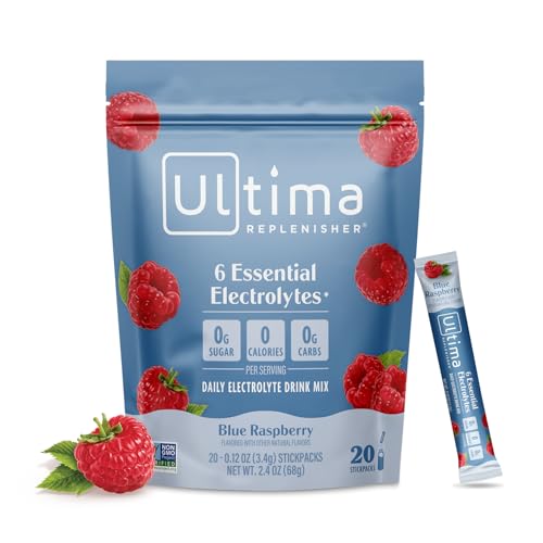Ultima Replenisher Daily Electrolyte Drink Mix – Blue Raspberry, 20 Stickpacks – Hydration Packets with 6 Electrolytes & Trace Minerals – Keto Friendly, Vegan, Non-GMO & Sugar-Free Electrolyte Powder