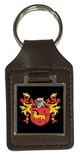 Porte-clés en cuir marron héraldique avec blason de famille de bain gravé