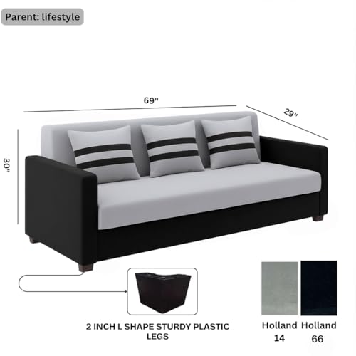 Image of FURNY Lifestylio 3 Seater Fabric Sofa Set (Light Grey-Black) Premium Velvet Finish | Ideal for Living Rooms, Offices