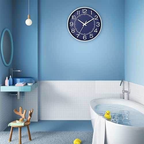 Image of HZDHCLH Modern Wall Clocks Battery Operated,10 inch Navy Blue Clock for Wall,Silent Small Wall Clock for Living Room Bedroom Kitchen Office Nursery Decor
