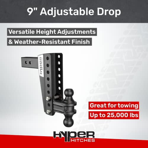 Hyper Hitches M255 Adjustable Trailer Hitch, Fits 2 1/2-Inch Receiver, 9-Inch Adjustable Drop/Rise, Includes 2-Inch And 2 5/16-Inch Dual-Ball Hitch, Up To 25,000 Gtw, Made In The Usa, Black #TOP1