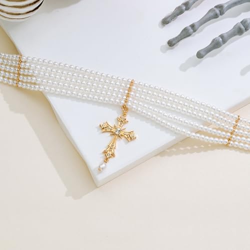WOWORAMA Gothic Pearl Cross Necklace for Women Layered Pearl Strand Necklaces Vintage Punk Goth Cross Pearls Choker Necklaces Halloween Christmas Gothic Jewelry