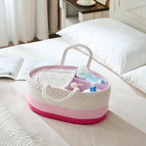 Image of luxury little Diaper Caddy Organizer, Large Cotton Rope Nursery Baby Basket, Changing Table Organizer for Baby Diaper Storage, Portable Car Organizer Removable Divider (Pink, Extra Large)