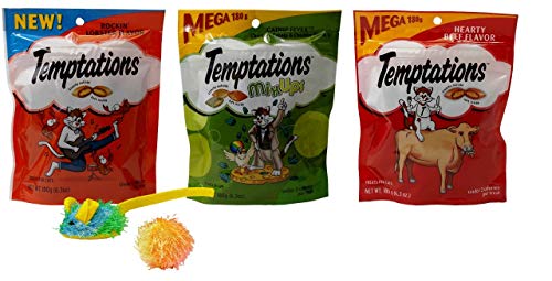 Temptations Mega Size Low Calorie Cat Treats 3 Flavor Variety with 2 Toys Bundle, 1 Each: Rockin' Lobster, Catnip Fever Mix-Ups, Hearty Beef (6.3 Ounces)