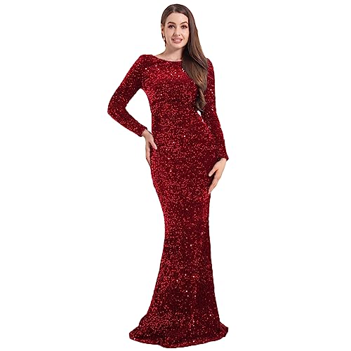 Image of Velvet Sequin Formal Evening Party Dress Sweatheart Bodycon Long Sleeve Maxi Gown