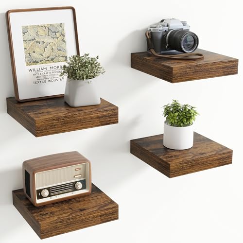 Image of Axeman Square Floating Shelves for Wall, 8 inch W x 8 inch D x 1.4 inch H Rustic Wooden Wall Shelves, 4 Pack Wall Mounted Floating Shelf with Invisible Brackets for Living Room, Bathroom, Kitchen, Rustic Brown