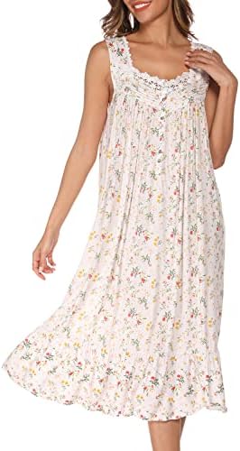 AVIIER Cotton Nightgowns for Women Sleeveless House Dress Ladies Long Nightdress with Pockets S-XXL
