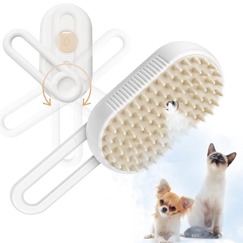 Image of GKZ Cat Steam Brush, 3 in 1 Pet Comb for Massage, Cleaning, Shedding and Combing, Electric Mist to Prevent Flyaways for Home, Dogs and Cat Lovers - White