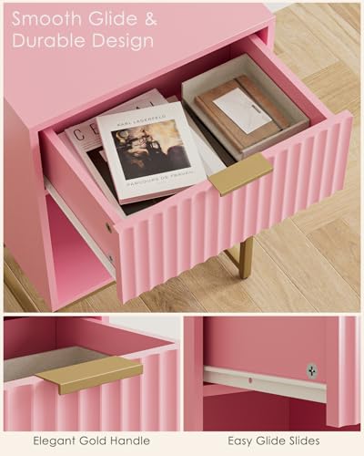 Image of Masupu Fluted Nightstand, Modern Night Stand Wood Bedside Table with Storage Drawer Side End Table for Bedroom, Office, Pink