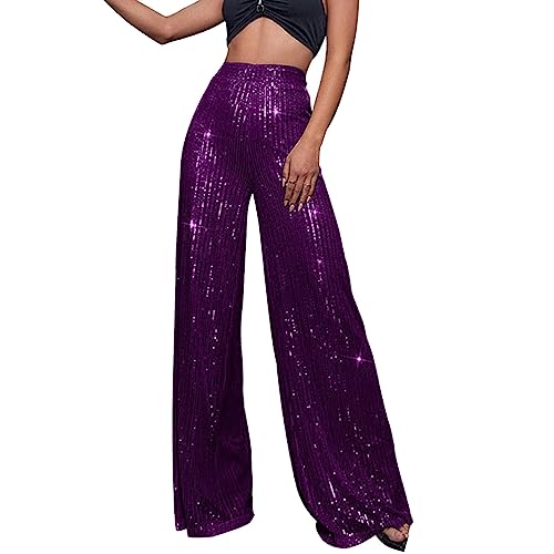 Womens Casual Sparkly Sequin Pants High Waisted Wide Leg Palazzo Bell Bottom Dance Trousers Loose Fit Pull On Comfy 60s 70s 80s Magic Glitter Disco Party Long Maxi Pants Vintage Y2K Streetwear Outfits