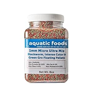 Aquatic Foods Inc. 1mm Ultra Mix of Blackworm, Intense Red, Green GRO Floating Pellets for Discus, Cichlids, All Tropicals, Koi and Pond Fish…8oz Small Jar