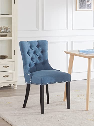 Kingfun Upholstered Dining Chairs Set Of 2, Tufted Dining Chairs With Oak Wood Legs & Nailhead Trim, Accent Fabric Dining Room Chairs, Modern Side Chairs For Kitchen/Bedroom/Living Room (Blue) #TOP5