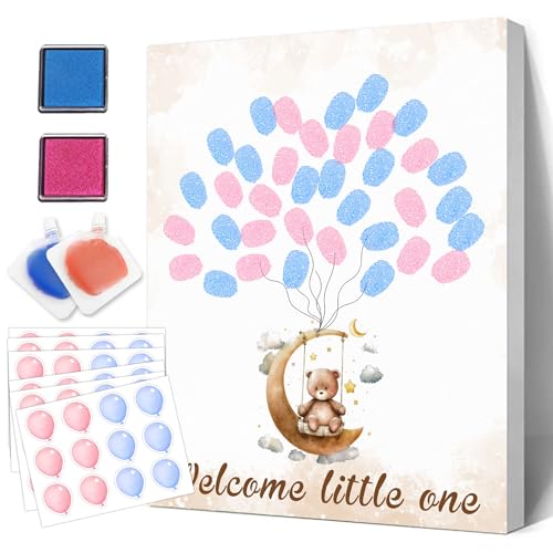 BirDerr Gender Reveal Party Fingerprint Tree Sign, a Baby Shower Guest Book,Woodland Baby Shower Guest Book,Moon Bear Theme Canvas Baby Shower, Gender Reveal Keepsake