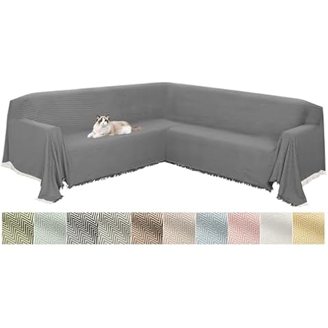 HDCAXKJ Sectional Couch Covers L Shape Corner Sofa Cover Blanket Jacquard Knitted U Shaped Sofa Slipcovers with Tassel Soft Washable Non Slip Pet Dog Furniture Protector (Grey, 91x276 inch) Cover