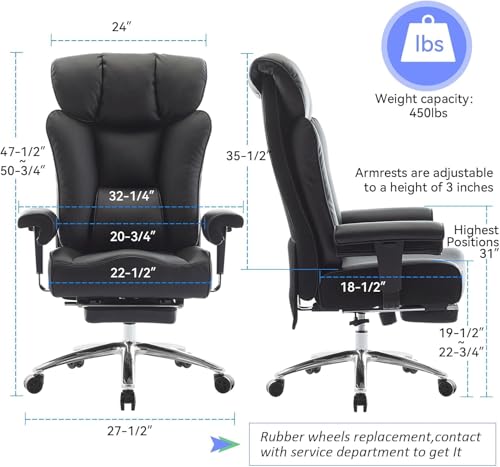 Image of Efomao Ergonomic Office Chair 450LBS with Foot Rest, High Back PU Leather Executive Office Chair with Adjustable Armrests, Lumbar Support for Home or Work, Computer Chair, Black
