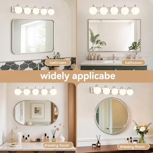 Image of Vintage Brushed Nickel Bathroom Vanity Light Fixtures Over Mirror 5 Lights