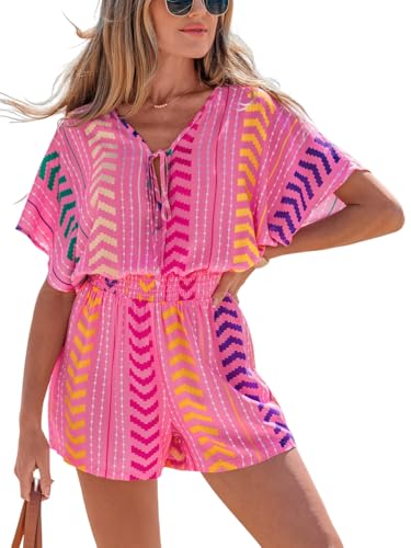 Image of CUPSHE Womens Summer Romper Short Sleeve Plunge V Front Tie Wide Leg Jumpsuit Elastic Waist Beach Workout Romper Outfits