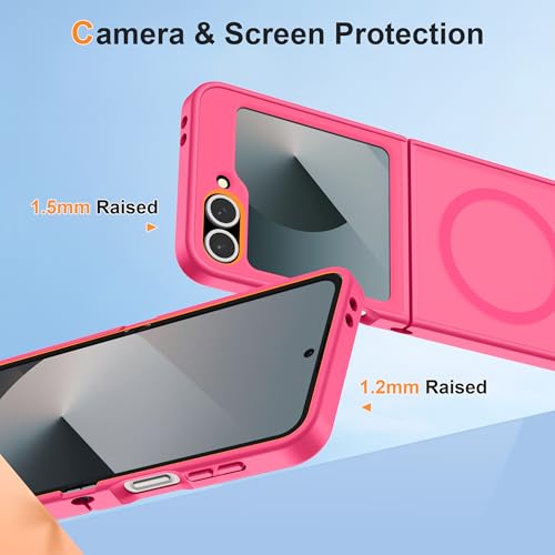 Image of ORETECH Magnetic for Samsung Galaxy Z Flip 7 FE Case Galaxy Z Flip 6, with [2 x Screen Protector] Translucent Back Non-Slip Shockproof Bumper Case for Galaxy Z Flip 7FE / 6 - Hot Pink | 2 Pack Screen Protector, Translucent Back Non-Slip Hard PC Shockproof Cover