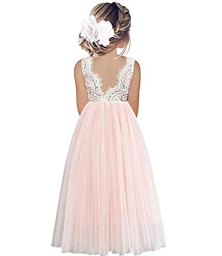 Beganly Toddler Girls Elegant Lace Straight Maxi Tulle Party Dresses V Back Flower Girl Dress Sleeveless Pink 7-8 Years