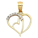 GemApex Heart Charm CZ Solid 14k Yellow Gold Love Pendant Two Hearts Together Fashion Style Fancy Small 13 x 12 mm