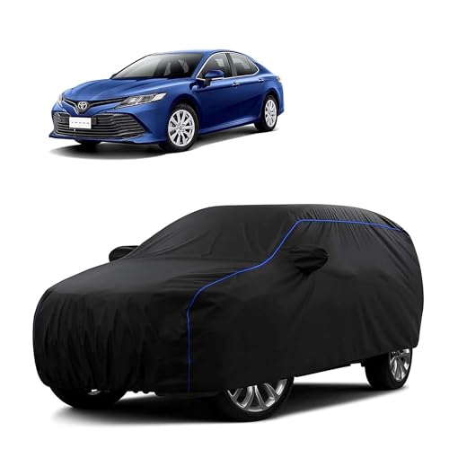 Image of Sulfar 100% Water Resistant Car Body Cover Compatible with Mirror for Toyota Camry (Triple Stitched, Full Bottom Elastic, Black Tafetta with Blue Piping)