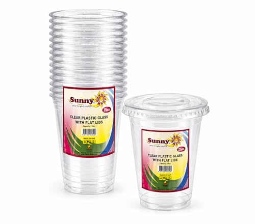 Sunny Transparent Drink Cups with Straw-Slot Flat Lids 10oz (300ml) Pack of 25 Clear Plastic Cups for Iced Coffee Juice & Cold Drinks Recyclable Material