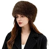 HH HOFNEN Womens Faux Fur Hat Winter Russian Hat Warm Plush Fluffy Furry Bucket Hat Ear Warmers Brown