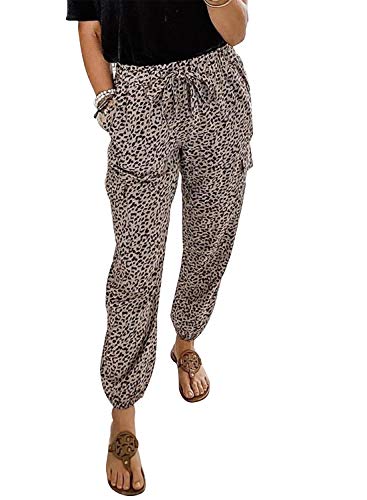 ROSKIKI Womens Casual Pants Leopard Print Drawstring Elastic Waist Jogger Sweatpants S