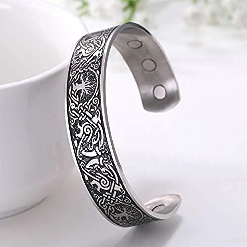 Cooltime Ancient Nordic Tree Of Life Odin's Raven Magnetic Bracelet Cuff (Silver Black) #TOP3