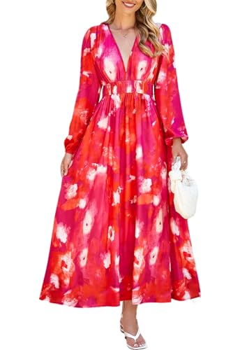 Image of Sissyaki Womens Long Sleeve Summer Maxi Dress 2026 Floral Dress Spring Wedding Guest Dress Coral Red-Watercolour S
