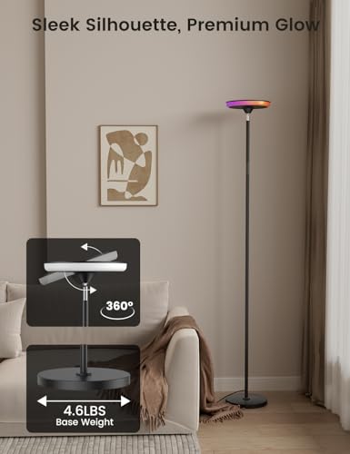 Image of UFO LED Torchiere Floor Lamp with RGB Ambient Light, 42W 3700LM Bright Dimmable Sky Lamp,71in Modern Tall Standing Lamp with Remote Touch Control&Timer,for Living Room Bedroom Office Gaming Room,Black