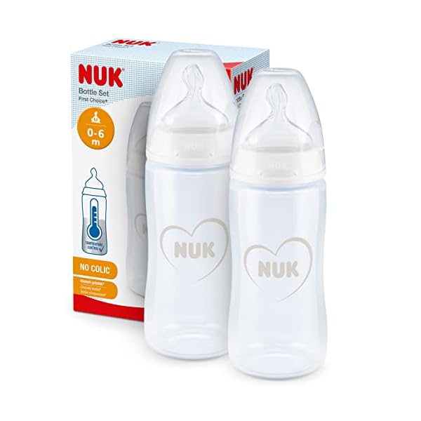 NUK First Choice+ Twin Set mit Temperature Control | kiefergerechter Trinksauger | 2x 300ml Flaschen | BPA-frei | 0-6 Monate | Herzmotiv (weiß)