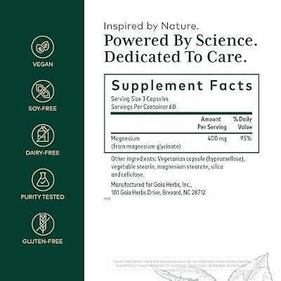 Gaia Herbs PRO Magnesium Glycinate 400mg - Highly Absorbable Supplement Supports Relaxation - Energy Support Supplement with Magnesium Glycinate* - Vegan, Gluten-Free - 180 Capsules (60 Servings)