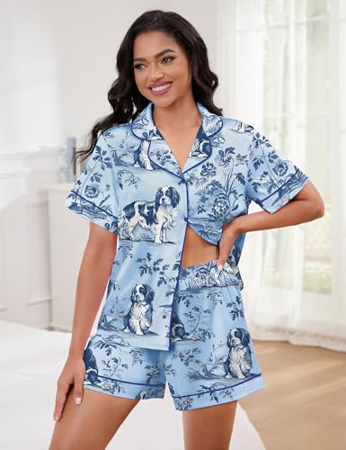 Image of SHESHOW Satin Pajamas for Women Set Preppy Animals Pjs Short Sleeve Shorts 2 Piece Loungewear Sets XS-XXL