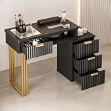 Paddie Manicure Table Nail Desk for Nail Tech, Glass Top Beauty Salon Nail Tech Table Station with Electric Downdraft Vent, Wrist Cushion, Storage Drawers, Metal Handles, Golden Legs (Black)