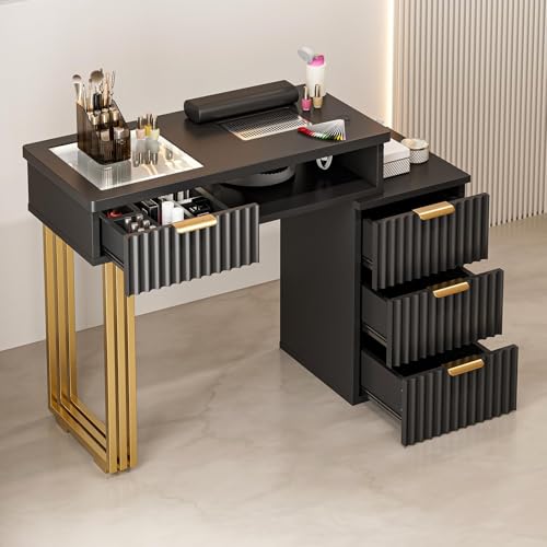 Paddie Manicure Table Nail Desk for Nail Tech, Glass Top Beauty Salon Nail Tech Table Station with Electric Downdraft Vent, Wrist Cushion, Storage Drawers, Metal Handles, Golden Legs (Black)