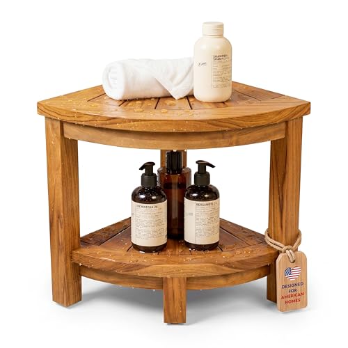 HOMESTEAD Teak Shower Stool with 2 Tier Storage Shelf Compact Corner Shower Bench for Inside Shower Bathroom Seat with Soap Holder Shower Foot Rest and Shower Stool for Shaving Legs