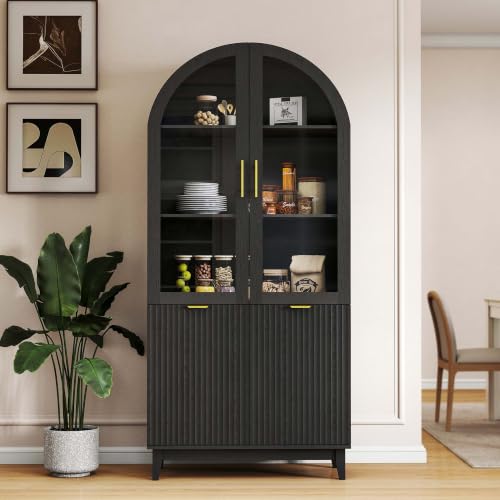 Image of Pamapic 71 inch Tall Arched Cabinet with Glass Doors, Fluted Kitchen Pantry Cabinet, Modern Wood Storage Cabinet with Adjustable Shelves, Curio Display China Cabinet for Dining Room, Living Room(Black)