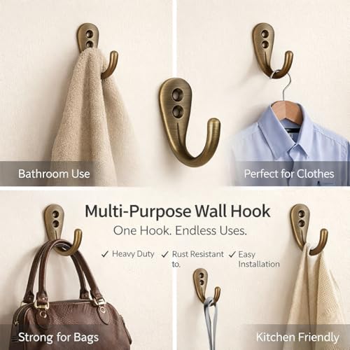 Image of 10 Pcs Premium Wall Hook - Antique Brass Finish | Heavy Duty Metal Hook for Hanging Coats, Bags, Towels & More