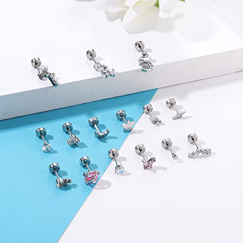 Besteel 15Pcs Flat Back Stud Earrings, 316L Stainless Steel Stud Earrings For Women Men, Small Snake Star Moon Ball Butterfly Heart Eye Flower Screwback 20G Tiny Cartilage Stud Earrings Dangle Piercing Jewelry Set Steel #TOP6