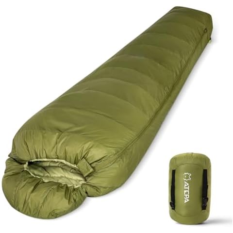 ATEPA Ultralight Down Sleeping Bags for Adults with 650FP, Cold Weather Waterproof Backpacking Werable Mummy Sleeping Bag for Camping, Backpacking with Compression Sack, Green Cover
