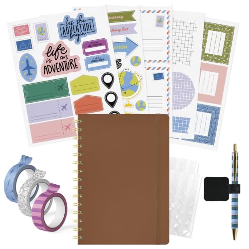 PAPERAGE Travel Journal Kit, Travel Notebook & Scrapbook Set, Hardcover Blank Spiral Notebook, 5 Sticker Sheets, 2 Photo Corners, 3 Washi Tapes & Black-Ink Gel Pen with Pen Holder - Cognac