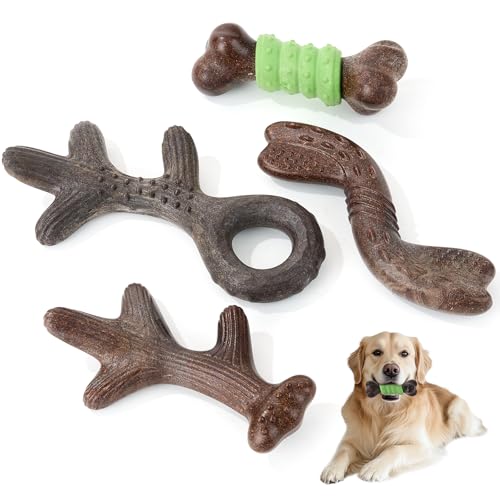 Gardner Pet 4-Pack Dog Chew Toy Long Lasting Interactive Dog Toys Add Shredded Coconut Nylon+TPR Teeth Cleaning and Training Toy for Medium/Large Breed Bacon Flavor(Antler-L/S+Bone-S+Cookie)