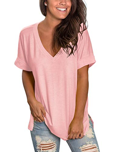 Image of Sampeel Women's V Neck T Shirts Casual Rolled Short Sleeve Side Split Summer Tops Loose Fit