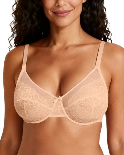OEAK Womens Minimizer Bras Underwire Full Coverage Bra Plus Size Unlined Lace Bralette Lifting Tshirt Bras for Large Breast Warm Beige 40DDD