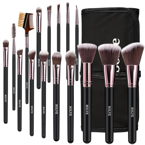 Makeup Brushes SOLVE Professional 16pcs Brushes Set with case,face makeup brushes set foundation eyeshadow brush set travel make up brushes with wooden Handle Softy synthetic fiber(𝑩𝒍𝒂𝒄𝒌 & 𝑹𝒐𝒔𝒆)