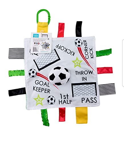 Image of Baby Jack & Co 10x10” Soccer Sports Lovey Sensory Plush Blanket - Tag Toy for Babies - Baby Stroller Toys - Learn Shapes, Letters & Colors - MVP Baby Ball Toy & Baby Sports Gift w/Stroller Clip