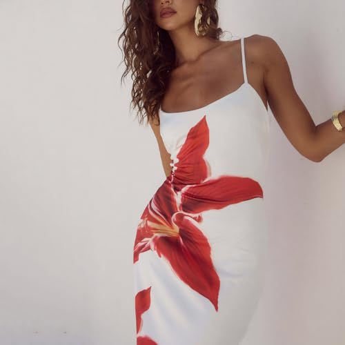 Image of Womens Summer Casual Floral Dresses Spaghetti Strap Bodycon Maxi Beach Dress Elegant Evening Party Long Dresses